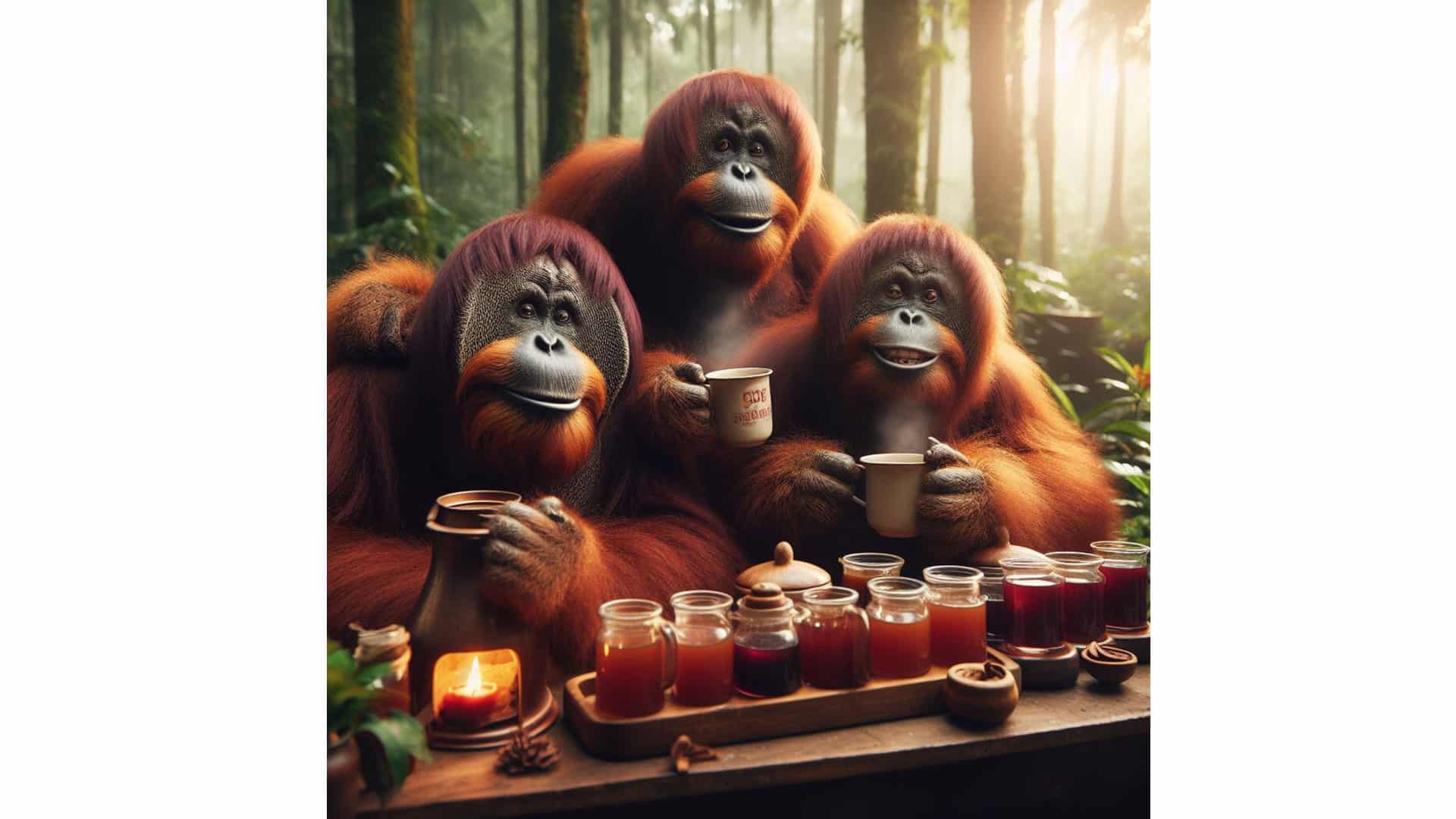 Mit KI generiertes Bild auf dem 3 Orang-Utans Glühwein trinken