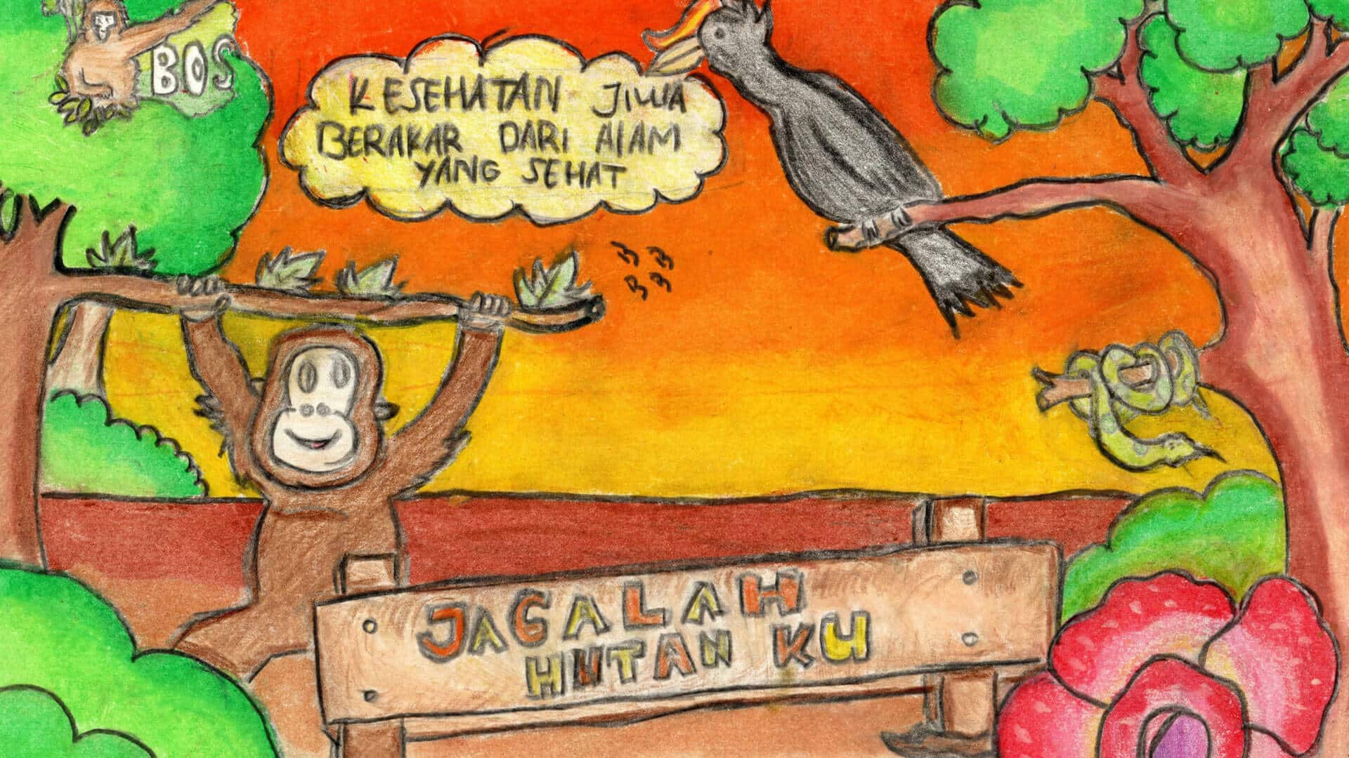 Kinderplakate zum Thema Regenwald- und Orang-Utan-Schutz
